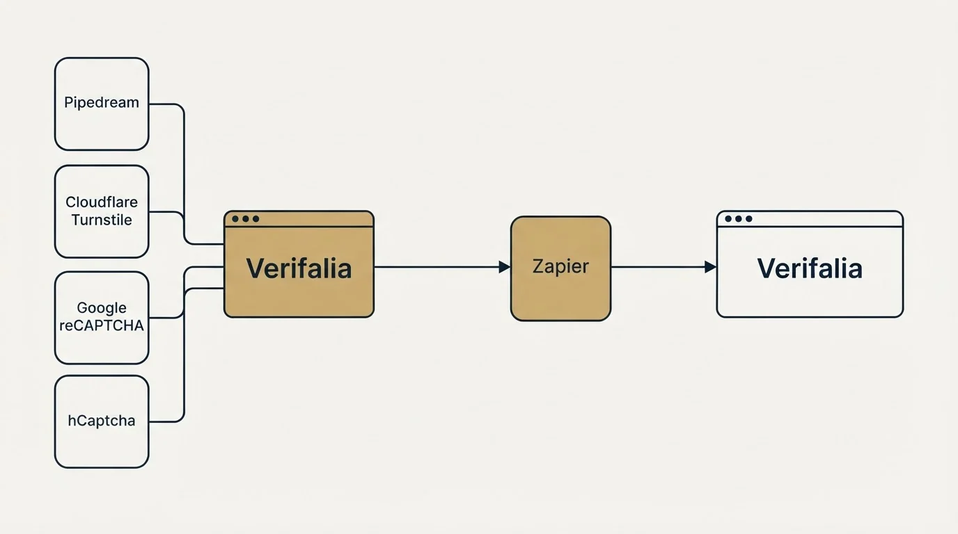 Integration flow: Integration Ecosystem (Verifalia, Zapier, Pipedream, Cloudflare Turnstile)