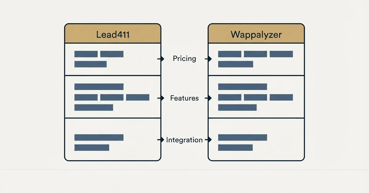 Comparison panel: Lead411 vs Wappalyzer (Pricing, Features, Integration)