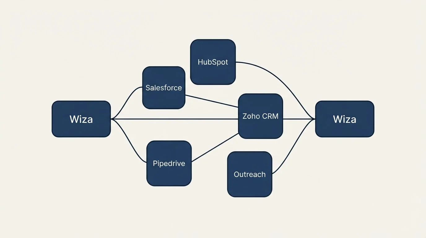 Integration schematic: Integration Ecosystem (Wiza, Salesforce, HubSpot, Zoho CRM)