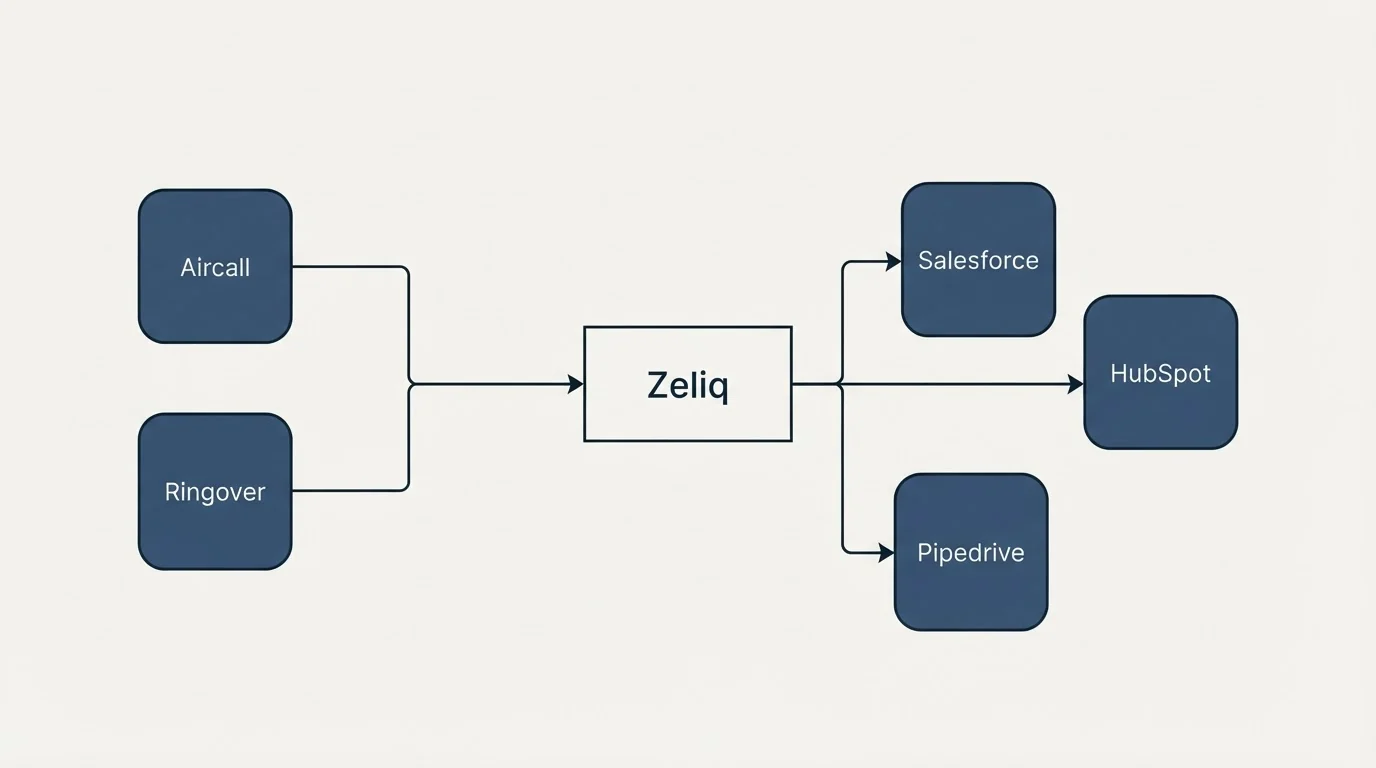 Integration schematic: Integration Ecosystem (Zeliq, Salesforce, HubSpot, Pipedrive)