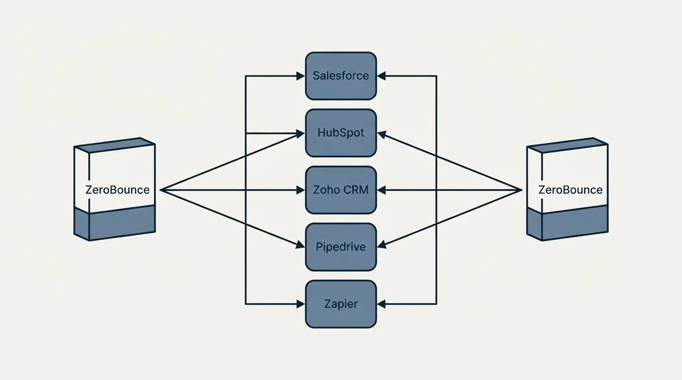 Integration flow: Integration Ecosystem (ZeroBounce, Salesforce, HubSpot, Zoho CRM)