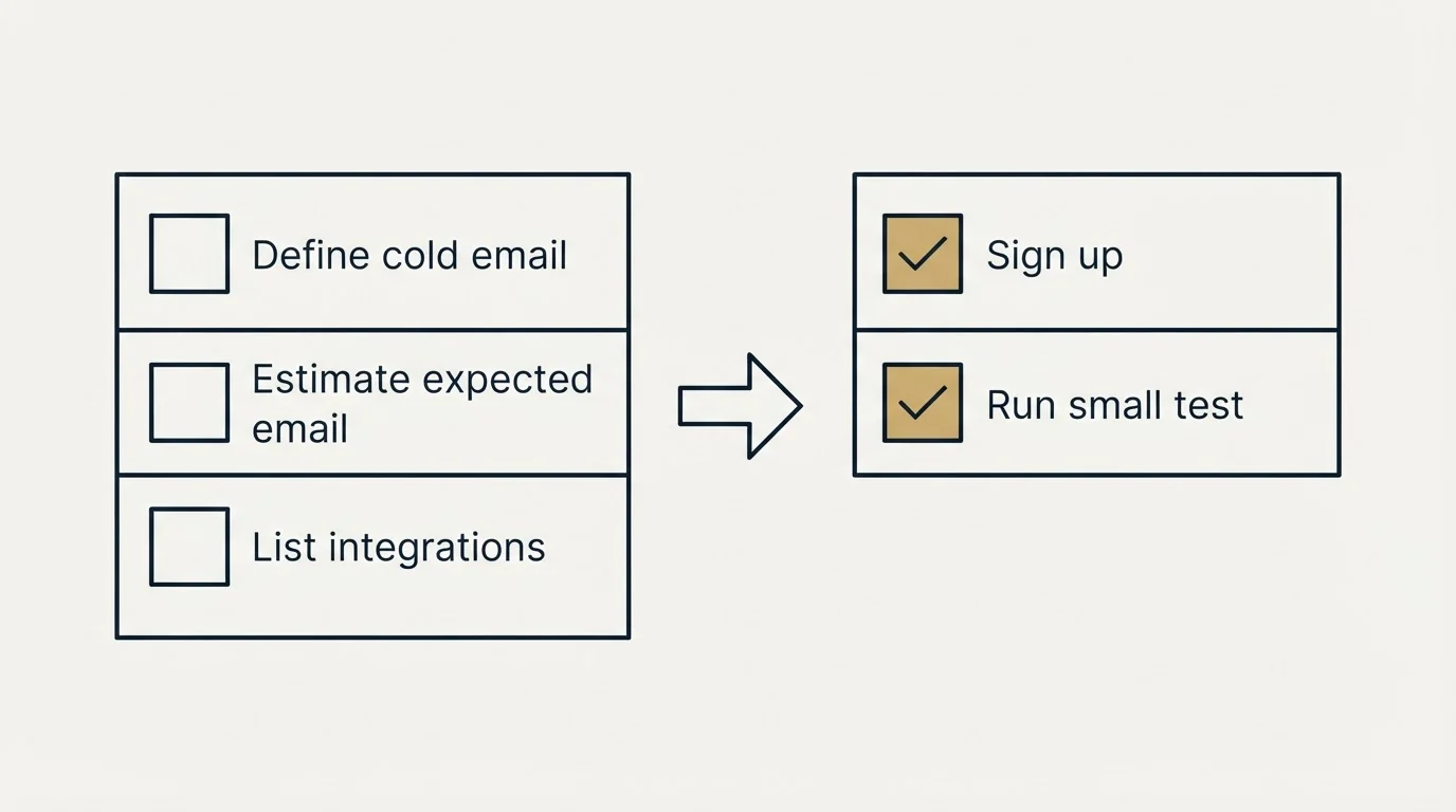 Before-and-after steps: Getting Started Checklist (Define cold email, Estimate expected email, List integrations, Sign up)