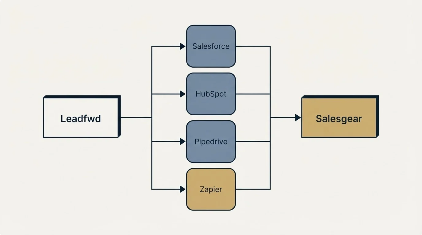 Integration flow: Integration Ecosystem (Leadfwd, Salesgear, Salesforce, HubSpot)