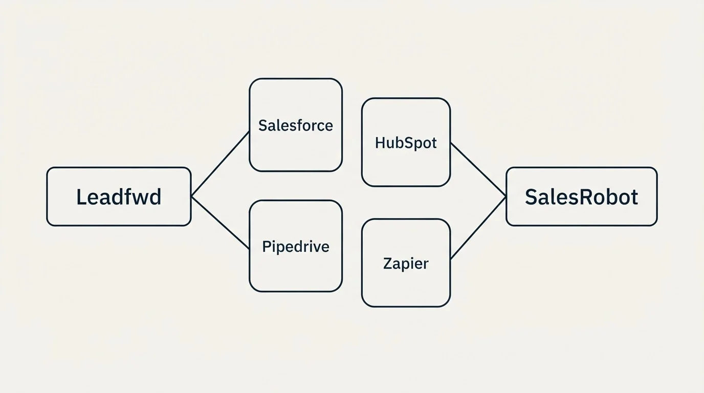 Integration schematic: Integration Ecosystem (Leadfwd, SalesRobot, Salesforce, HubSpot)