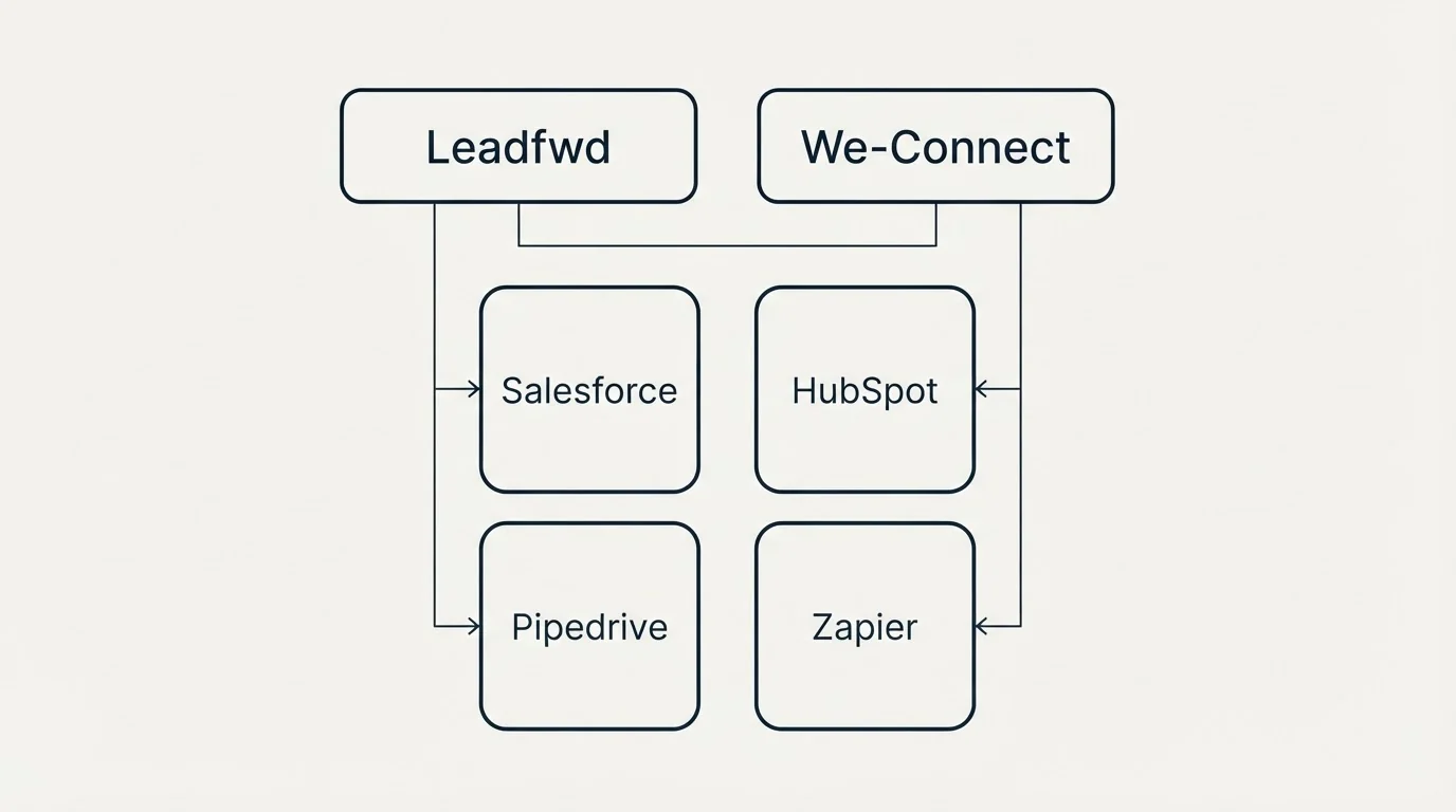 Integration grid: Integration Ecosystem (Leadfwd, We-Connect, Salesforce, HubSpot)