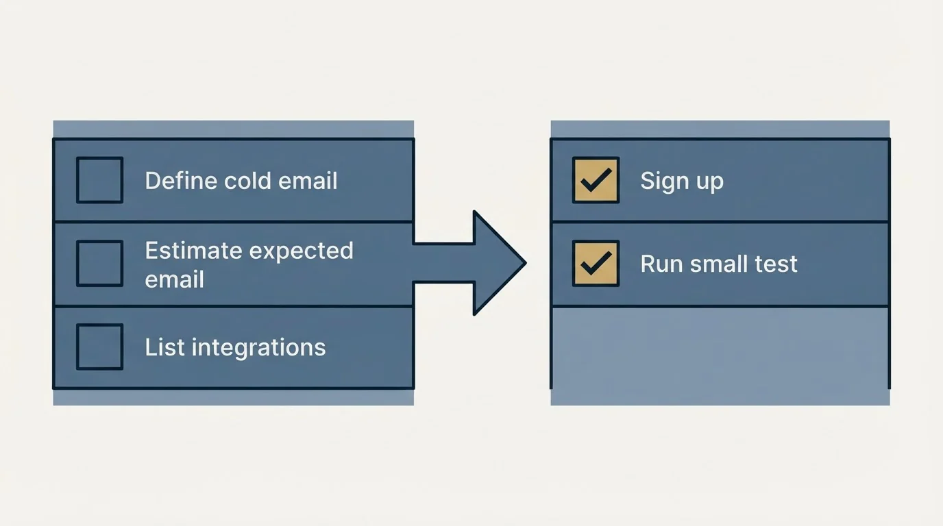 Before-and-after steps: Getting Started Checklist (Define cold email, Estimate expected email, List integrations, Sign up)