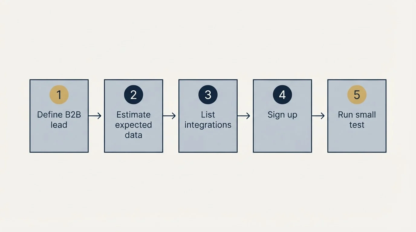Step sequence: Getting Started Checklist (Define B2B lead, Estimate expected data, List integrations, Sign up)