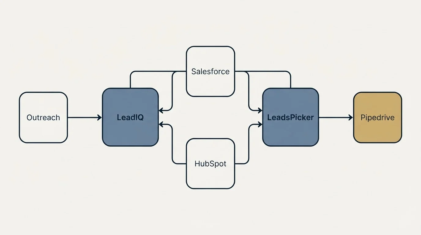 Integration schematic: Integration Ecosystem (LeadIQ, LeadsPicker, Salesforce, HubSpot)