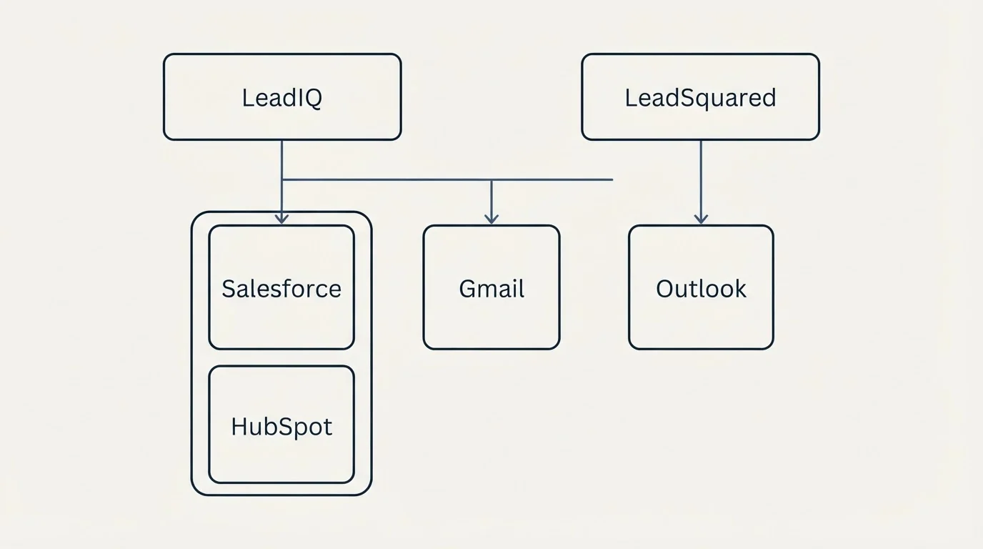Integration grid: Integration Ecosystem (LeadIQ, LeadSquared, Gmail, Salesforce)