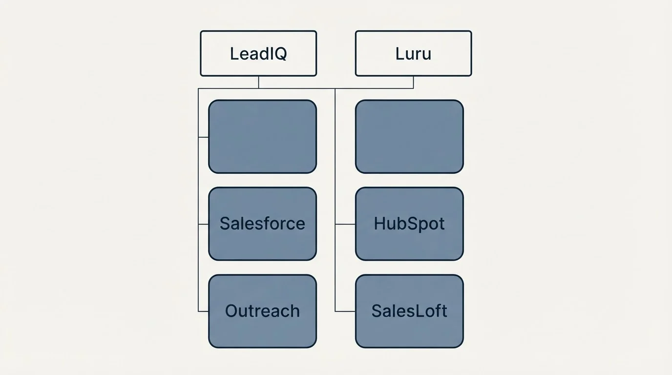 Integration grid: Integration Ecosystem (LeadIQ, Luru, Salesforce, HubSpot)