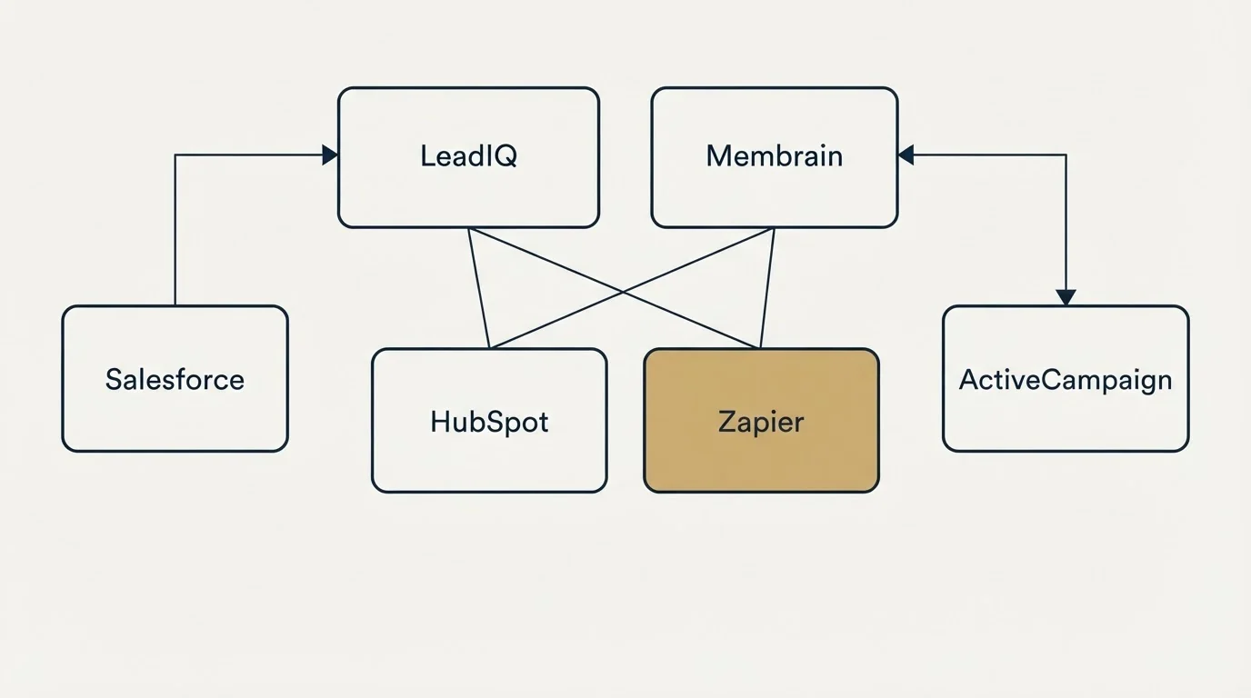 Integration grid: Integration Ecosystem (LeadIQ, Membrain, HubSpot, Zapier)