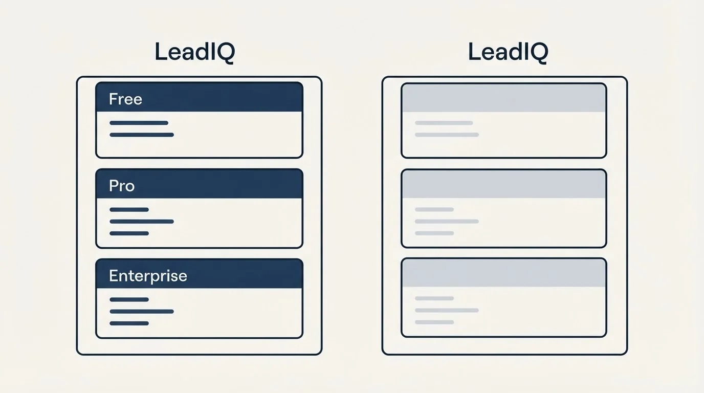Pricing panels: Pricing Comparison (LeadIQ, Free, Pro, Enterprise)