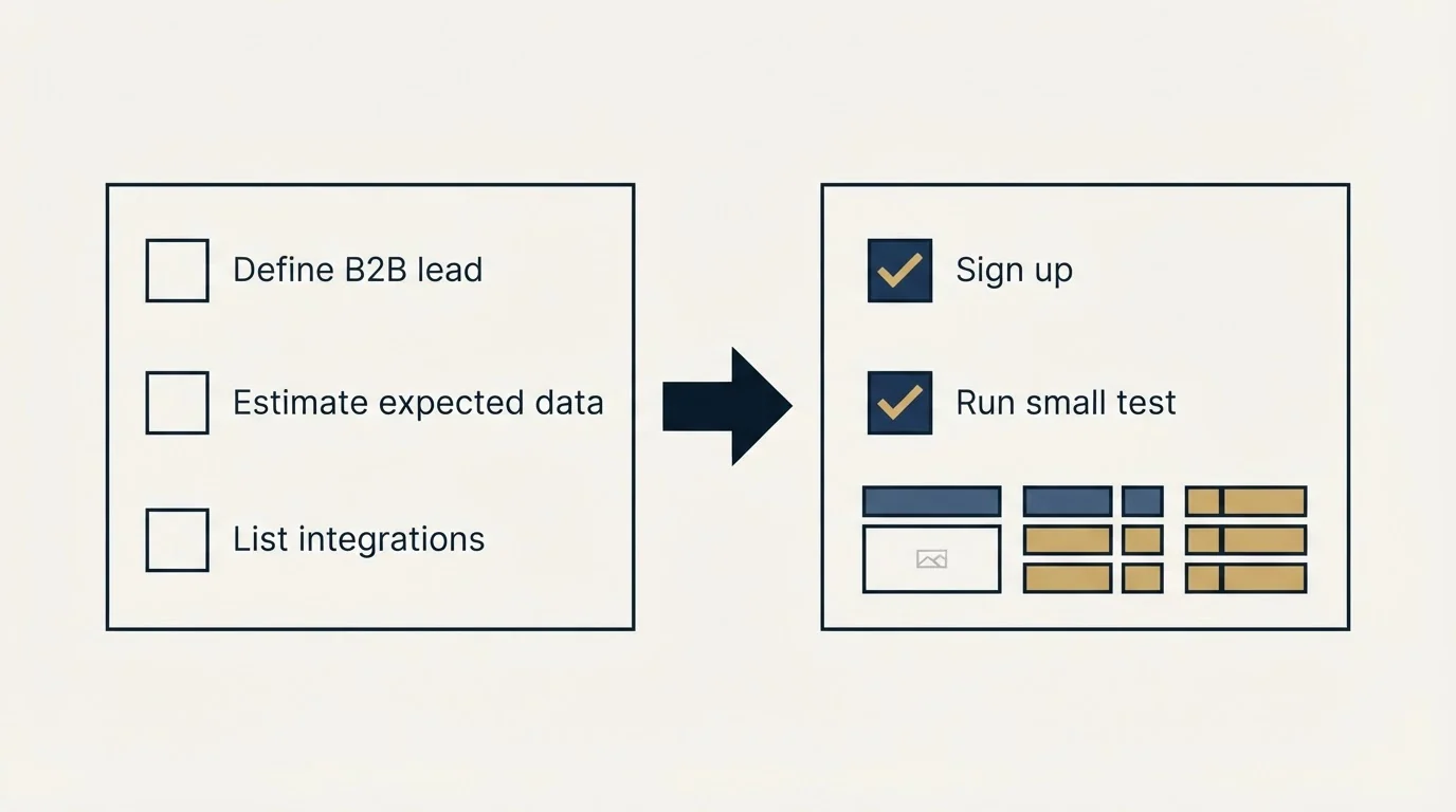 Before-and-after steps: Getting Started Checklist (Define B2B lead, Estimate expected data, List integrations, Sign up)