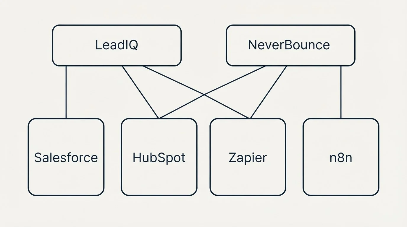 Integration grid: Integration Ecosystem (LeadIQ, NeverBounce, HubSpot, Zapier)