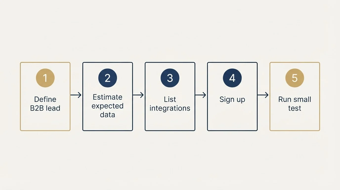 Step sequence: Getting Started Checklist (Define B2B lead, Estimate expected data, List integrations, Sign up)