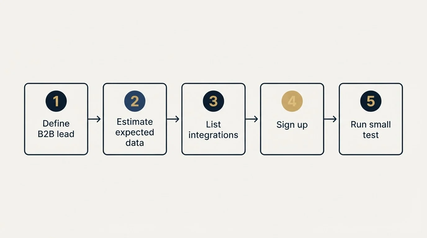 Step sequence: Getting Started Checklist (Define B2B lead, Estimate expected data, List integrations, Sign up)