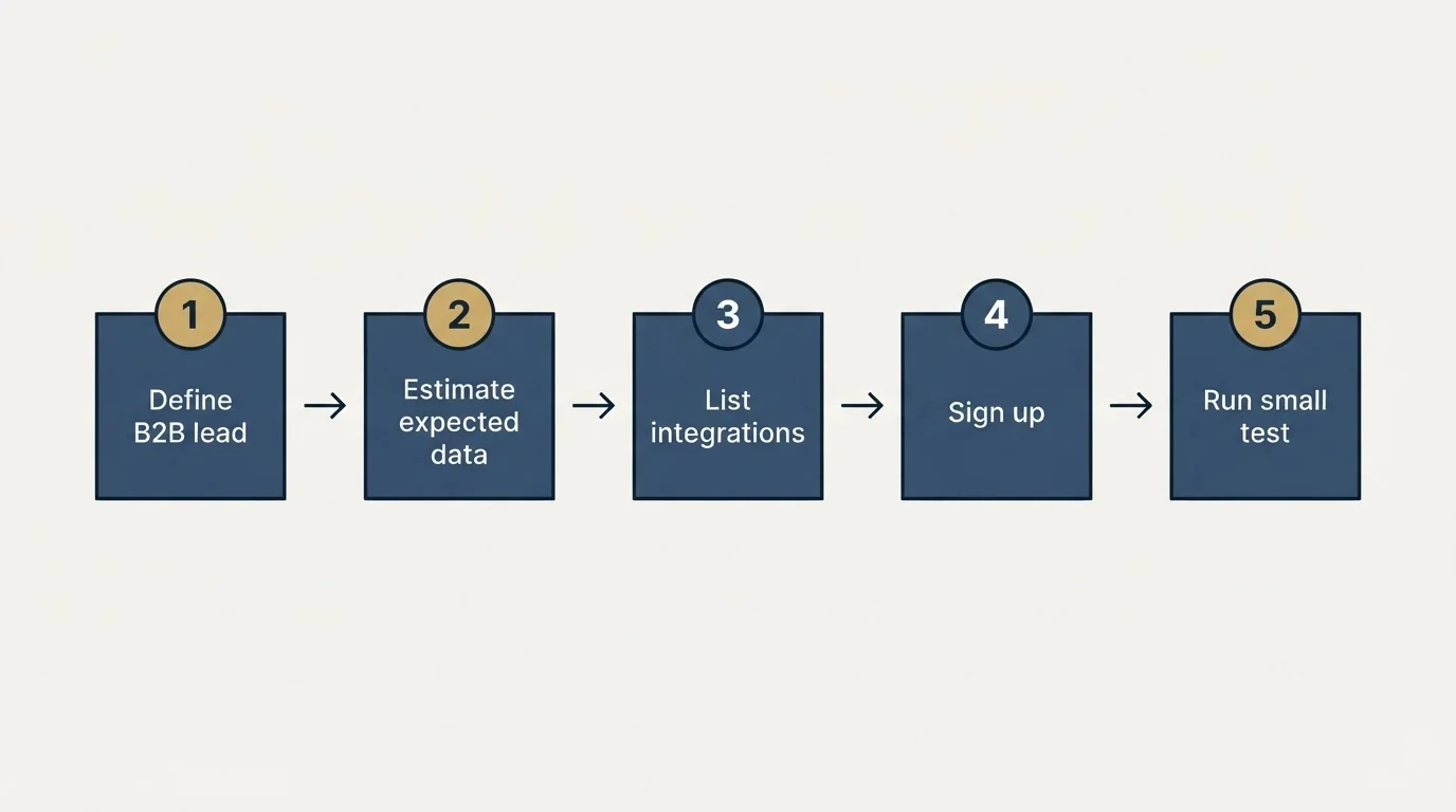 Step sequence: Getting Started Checklist (Define B2B lead, Estimate expected data, List integrations, Sign up)