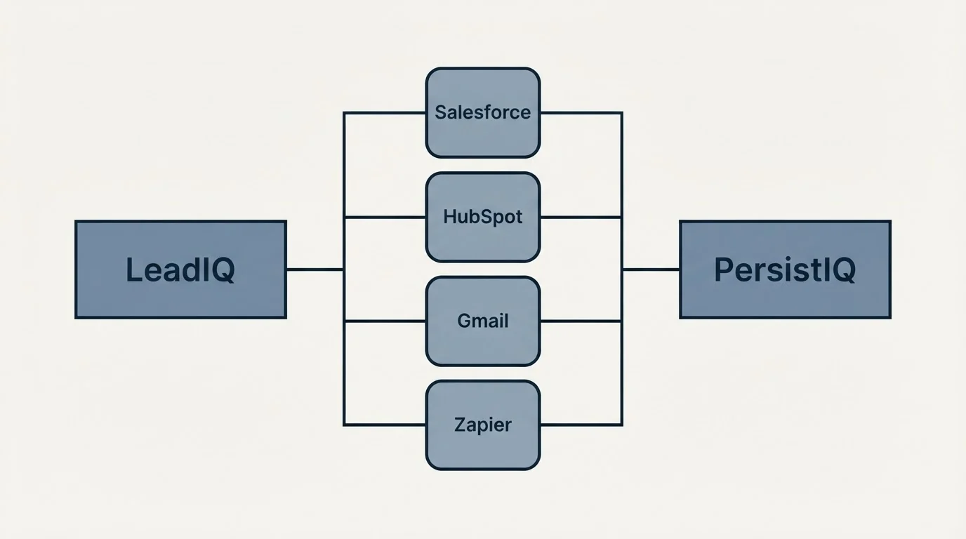 Integration flow: Integration Ecosystem (LeadIQ, PersistIQ, Salesforce, HubSpot)