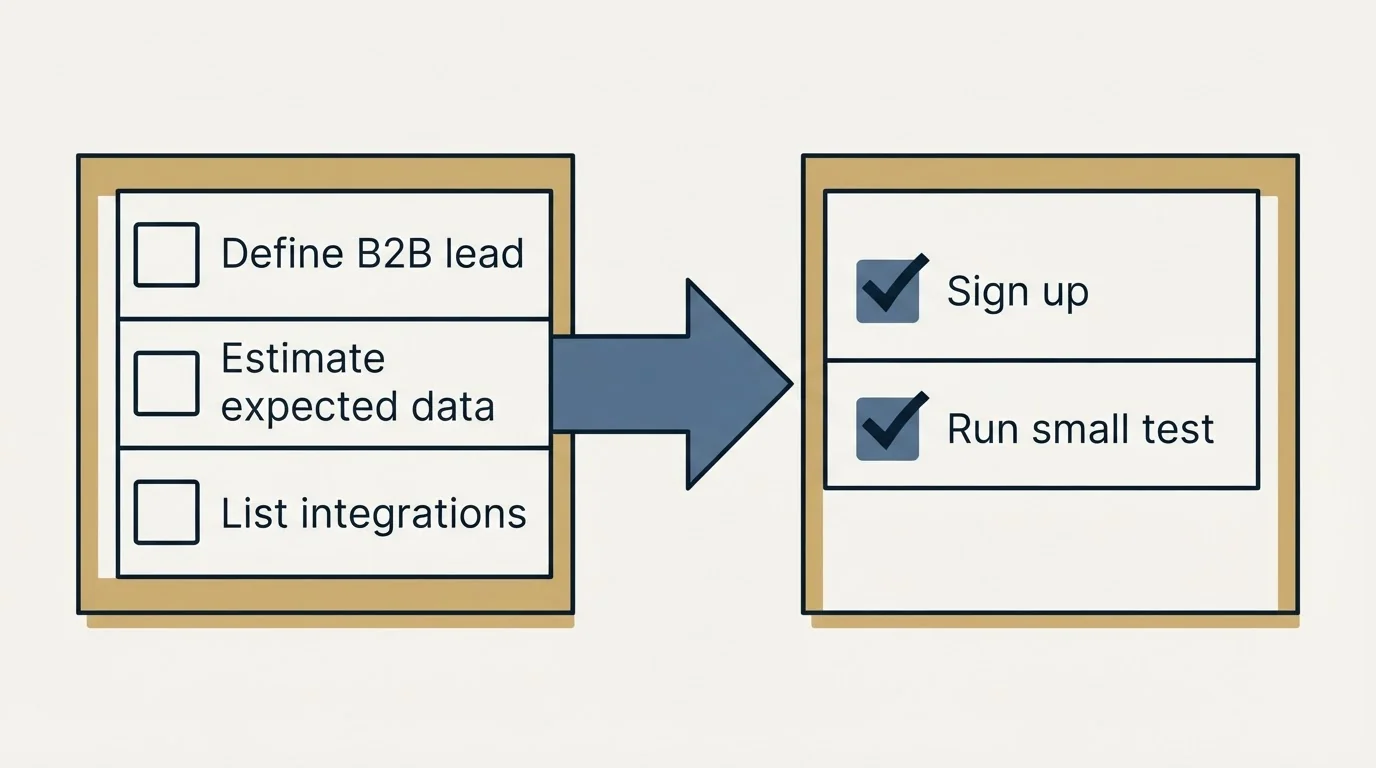 Before-and-after steps: Getting Started Checklist (Define B2B lead, Estimate expected data, List integrations, Sign up)
