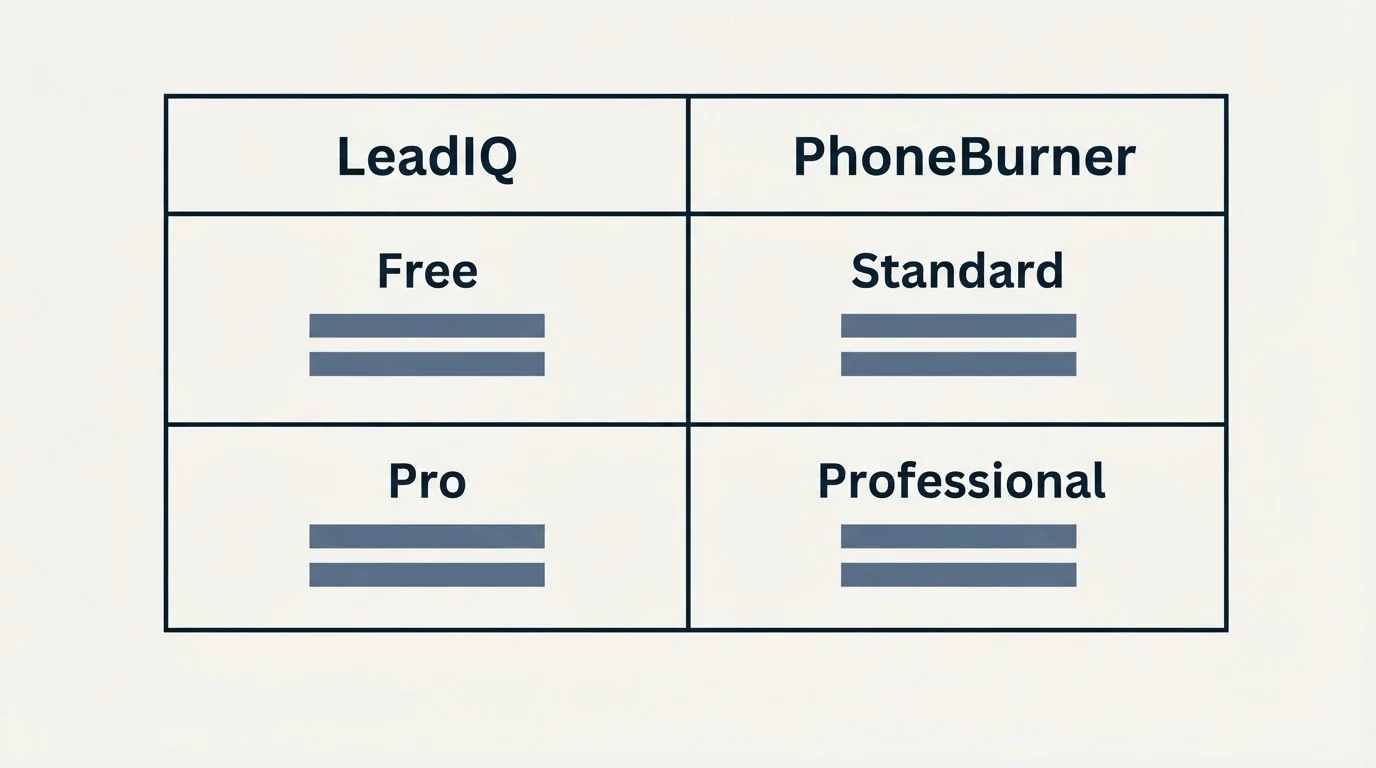 Pricing table: Pricing Comparison (LeadIQ, PhoneBurner, Free, Standard)