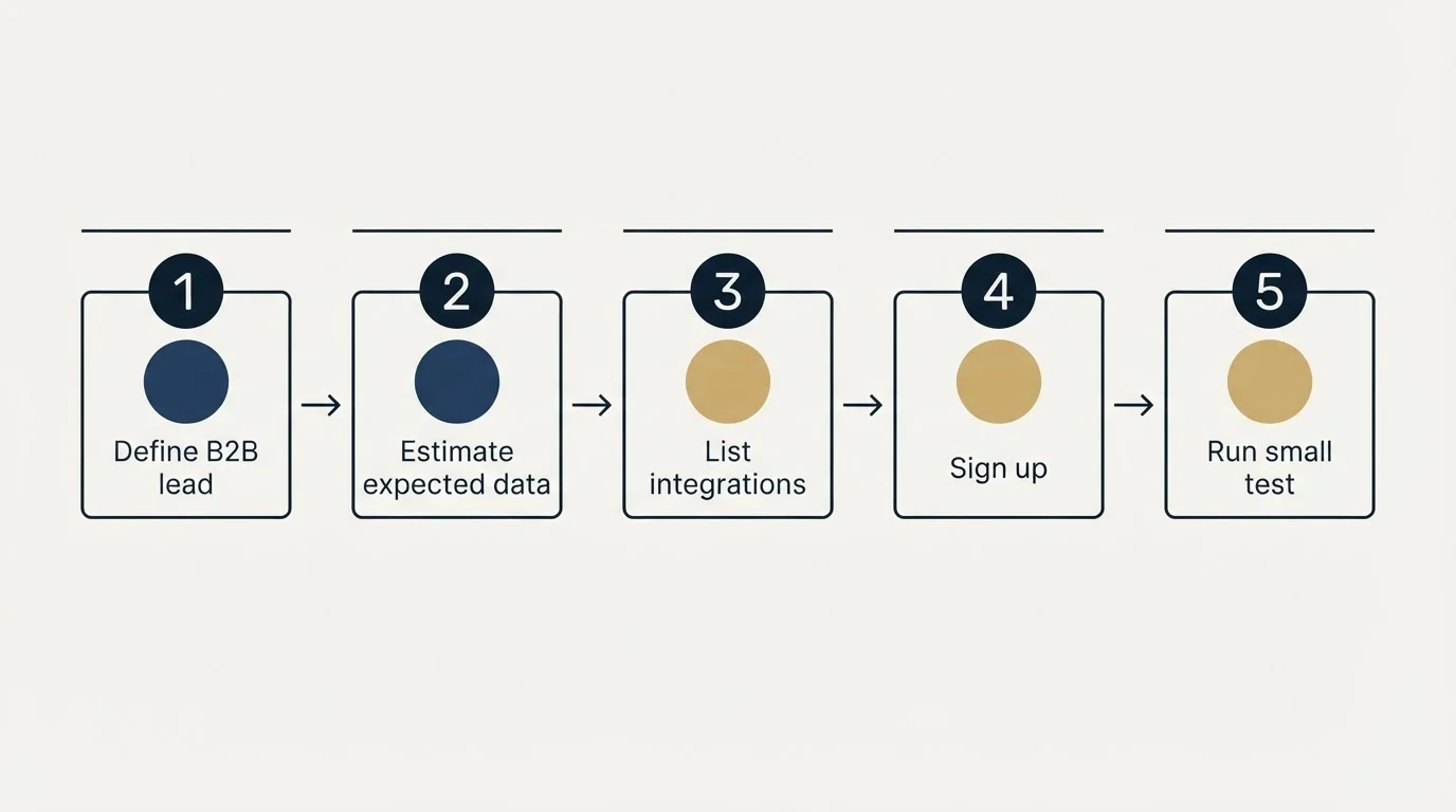 Step sequence: Getting Started Checklist (Define B2B lead, Estimate expected data, List integrations, Sign up)