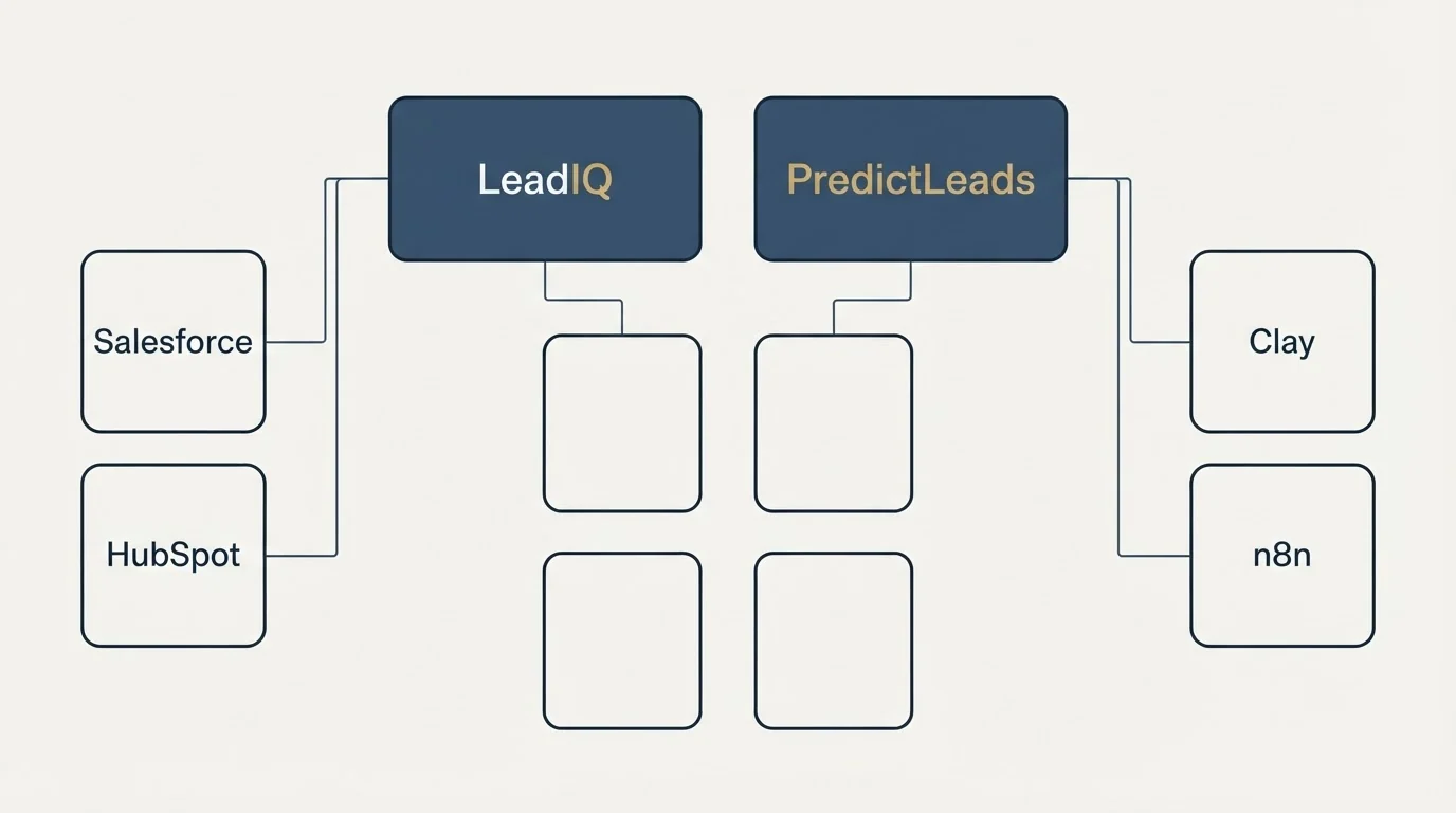 Integration grid: Integration Ecosystem (LeadIQ, PredictLeads, Salesforce, Clay)