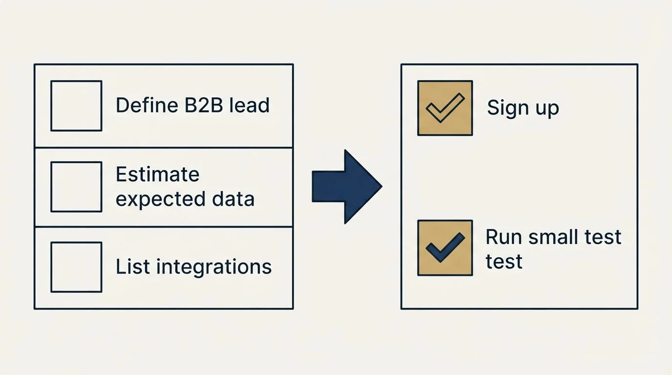 Before-and-after steps: Getting Started Checklist (Define B2B lead, Estimate expected data, List integrations, Sign up)