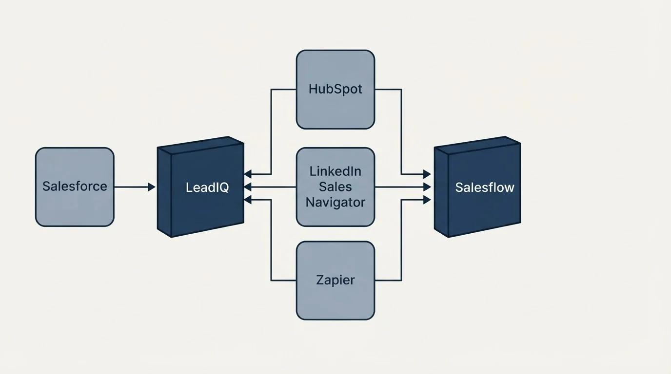 Integration flow: Integration Ecosystem (LeadIQ, Salesflow, HubSpot, LinkedIn Sales Navigator)