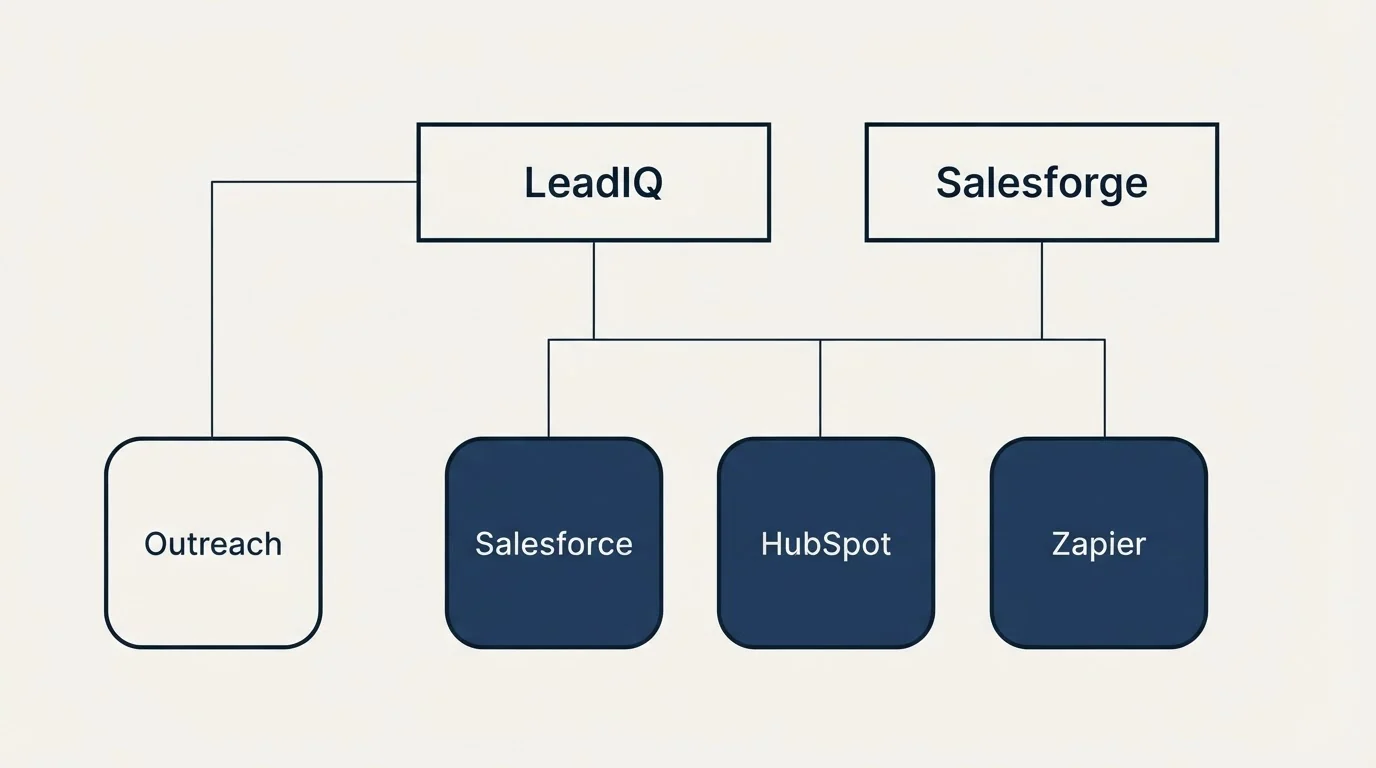 Integration grid: Integration Ecosystem (LeadIQ, Salesforge, Salesforce, HubSpot)