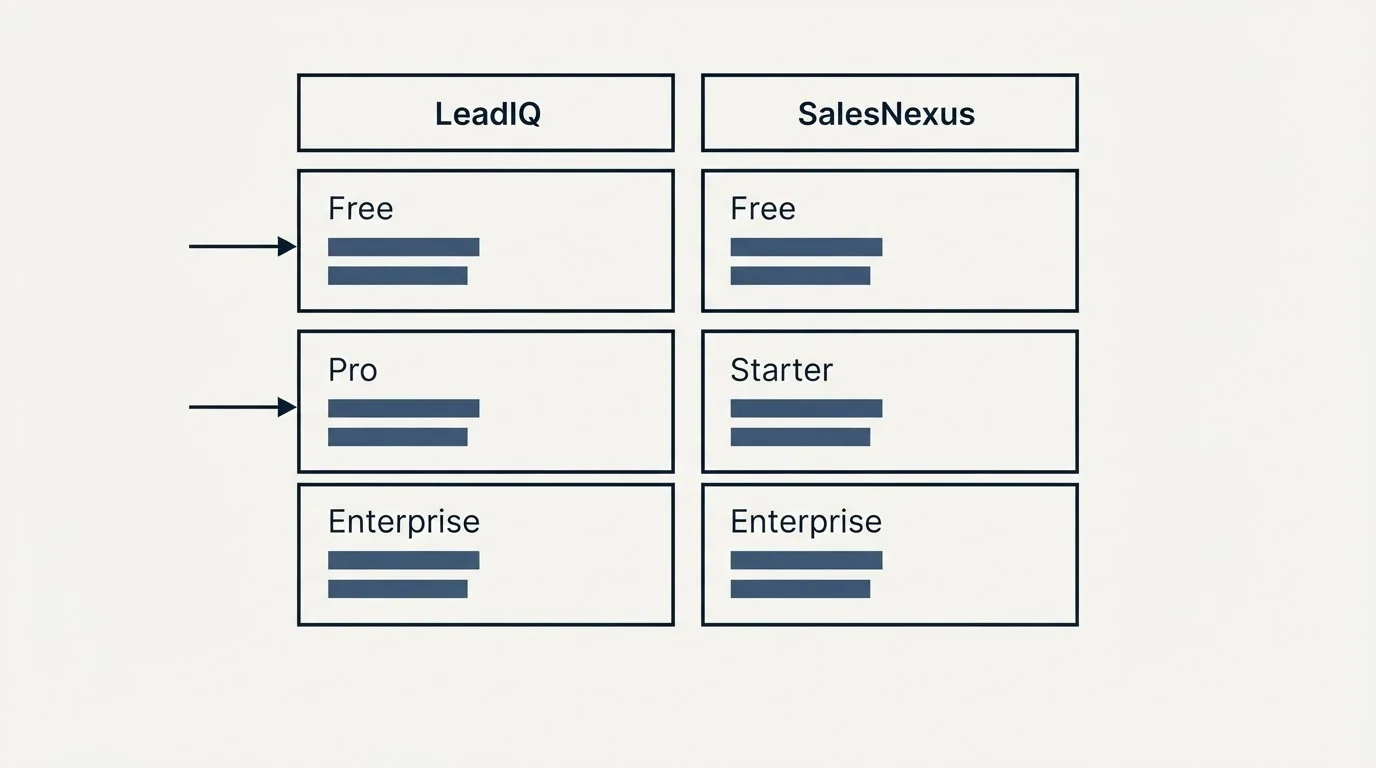 Pricing table: Pricing Comparison (LeadIQ, SalesNexus, Free, Pro)