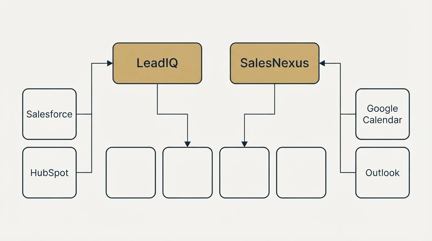 Integration grid: Integration Ecosystem (LeadIQ, SalesNexus, Salesforce, Google Calendar)
