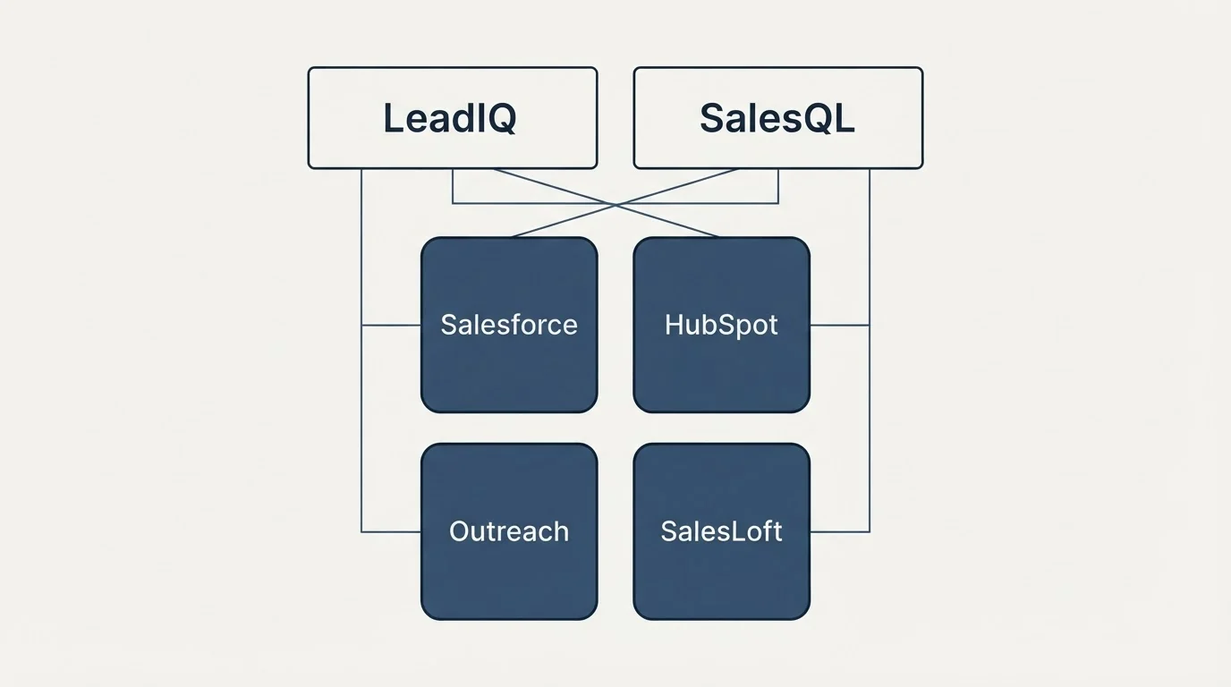 Integration grid: Integration Ecosystem (LeadIQ, SalesQL, Salesforce, HubSpot)