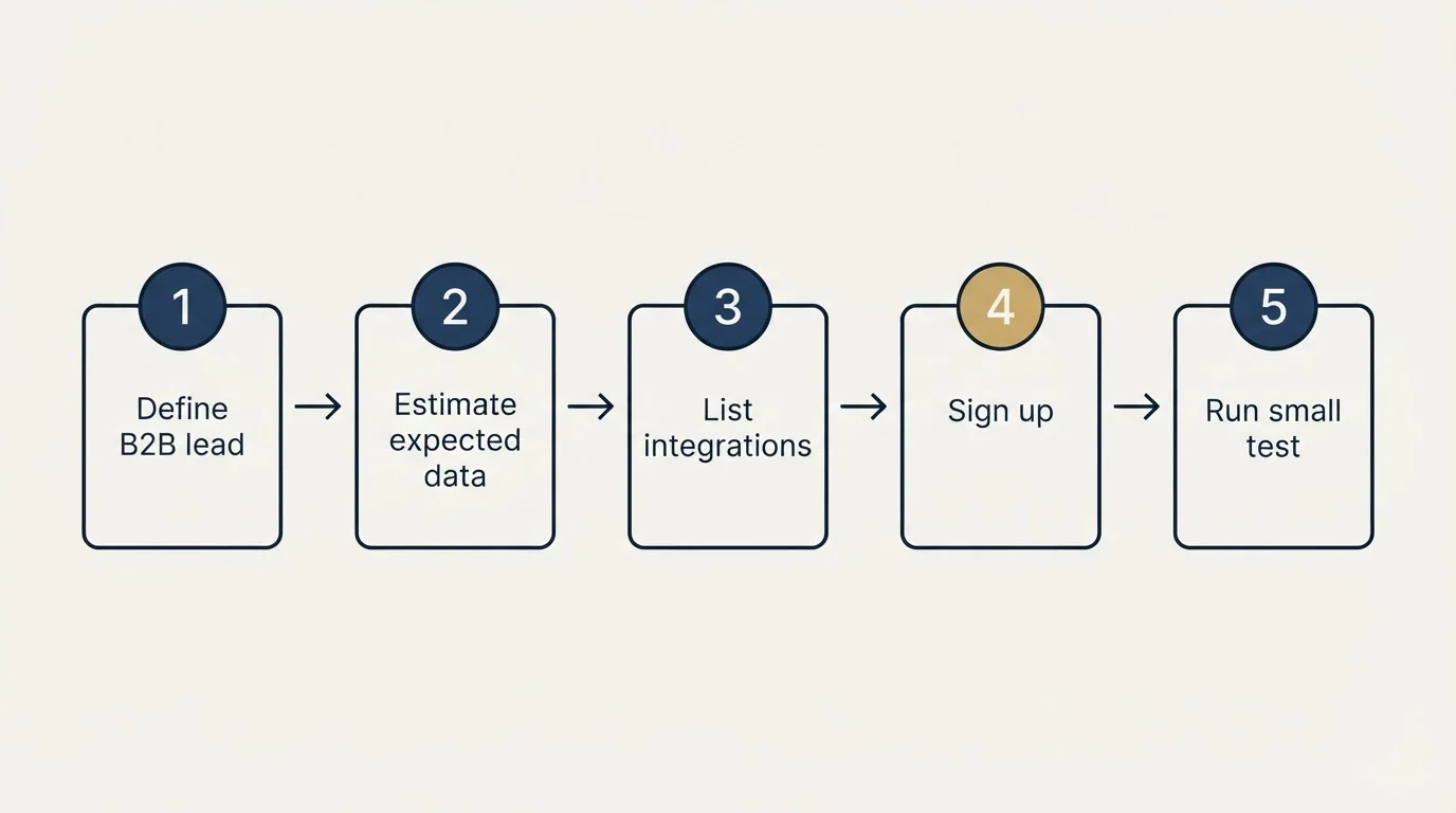 Step sequence: Getting Started Checklist (Define B2B lead, Estimate expected data, List integrations, Sign up)
