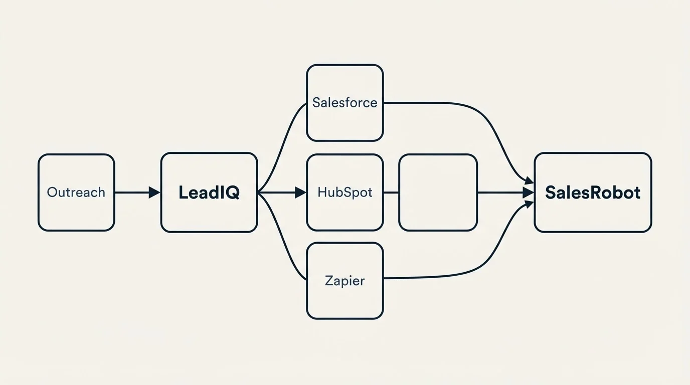 Integration schematic: Integration Ecosystem (LeadIQ, SalesRobot, Salesforce, HubSpot)