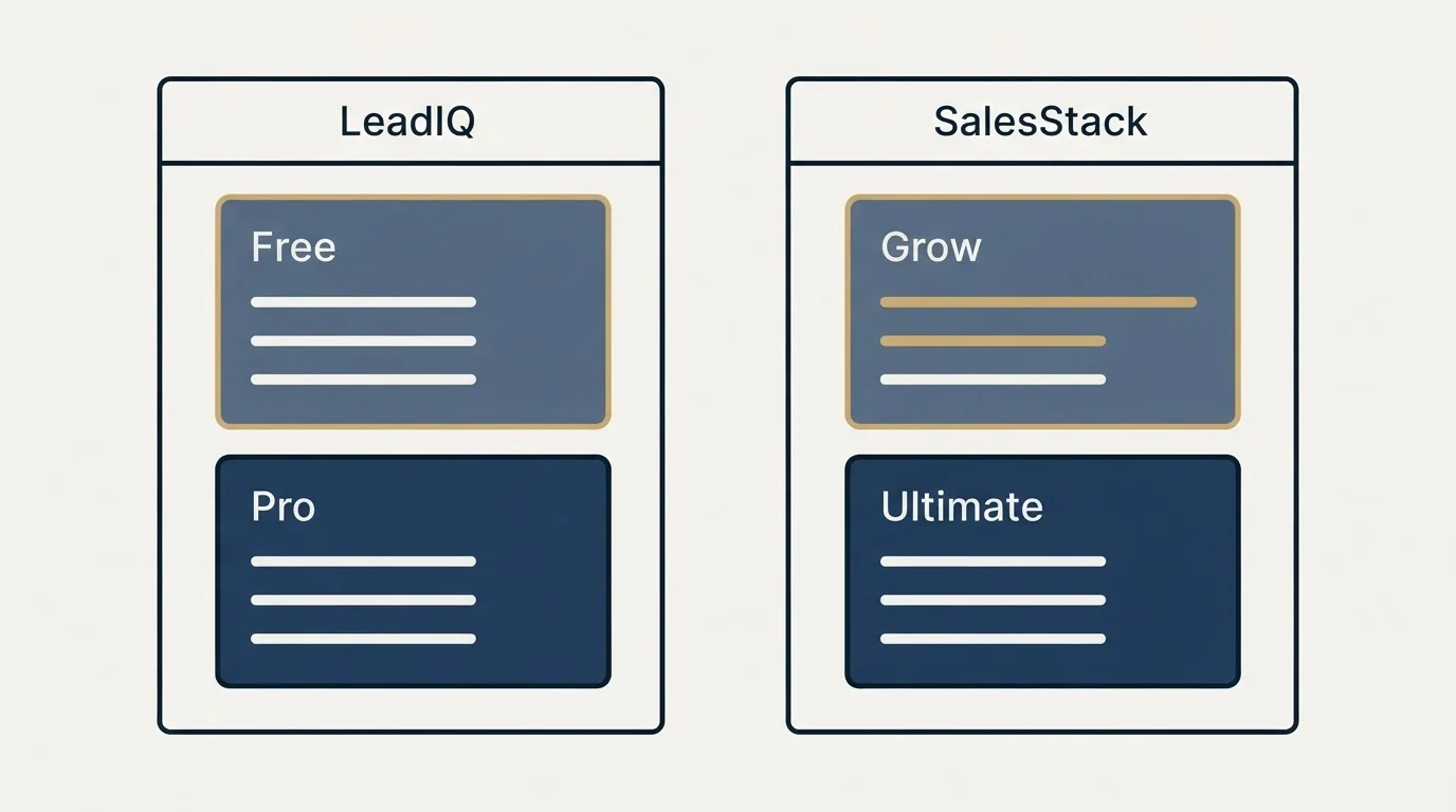 Pricing panels: Pricing Comparison (LeadIQ, SalesStack, Free, Grow)