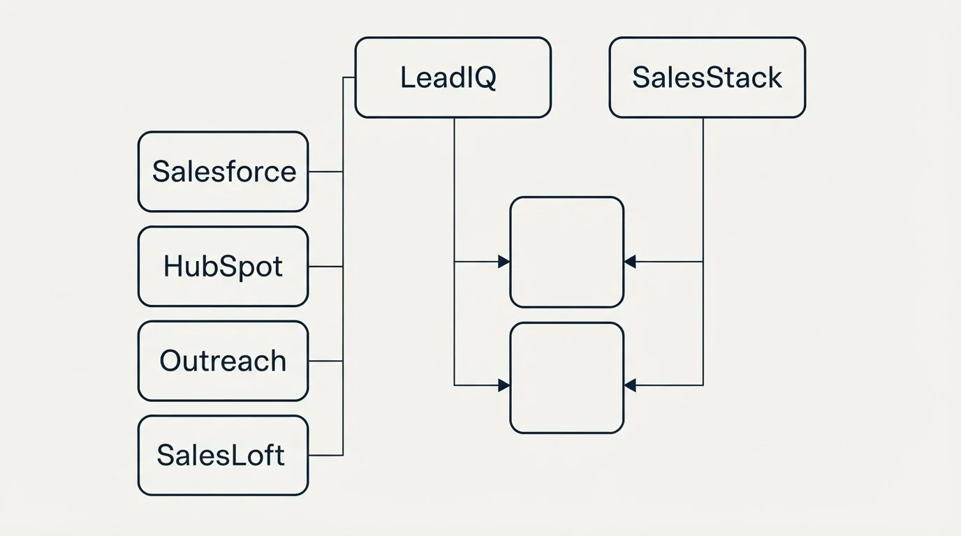 Integration grid: Integration Ecosystem (LeadIQ, SalesStack, Salesforce, HubSpot)