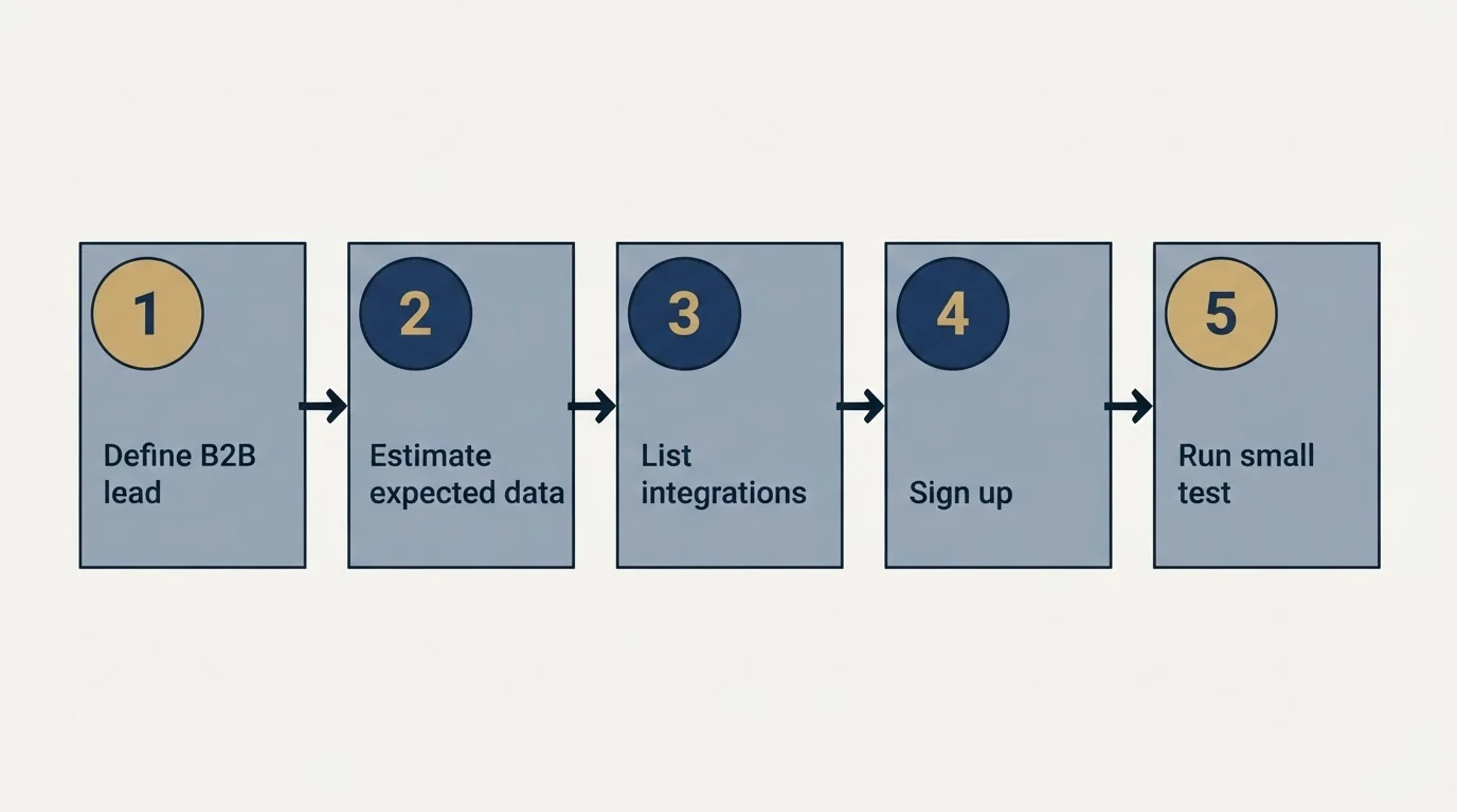 Step sequence: Getting Started Checklist (Define B2B lead, Estimate expected data, List integrations, Sign up)