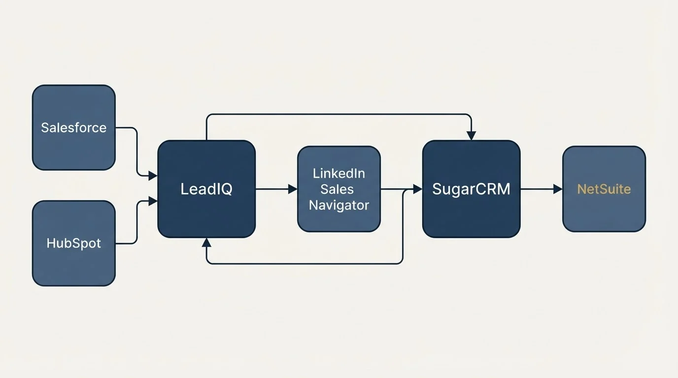 Integration schematic: Integration Ecosystem (LeadIQ, SugarCRM, LinkedIn Sales Navigator, Salesforce)