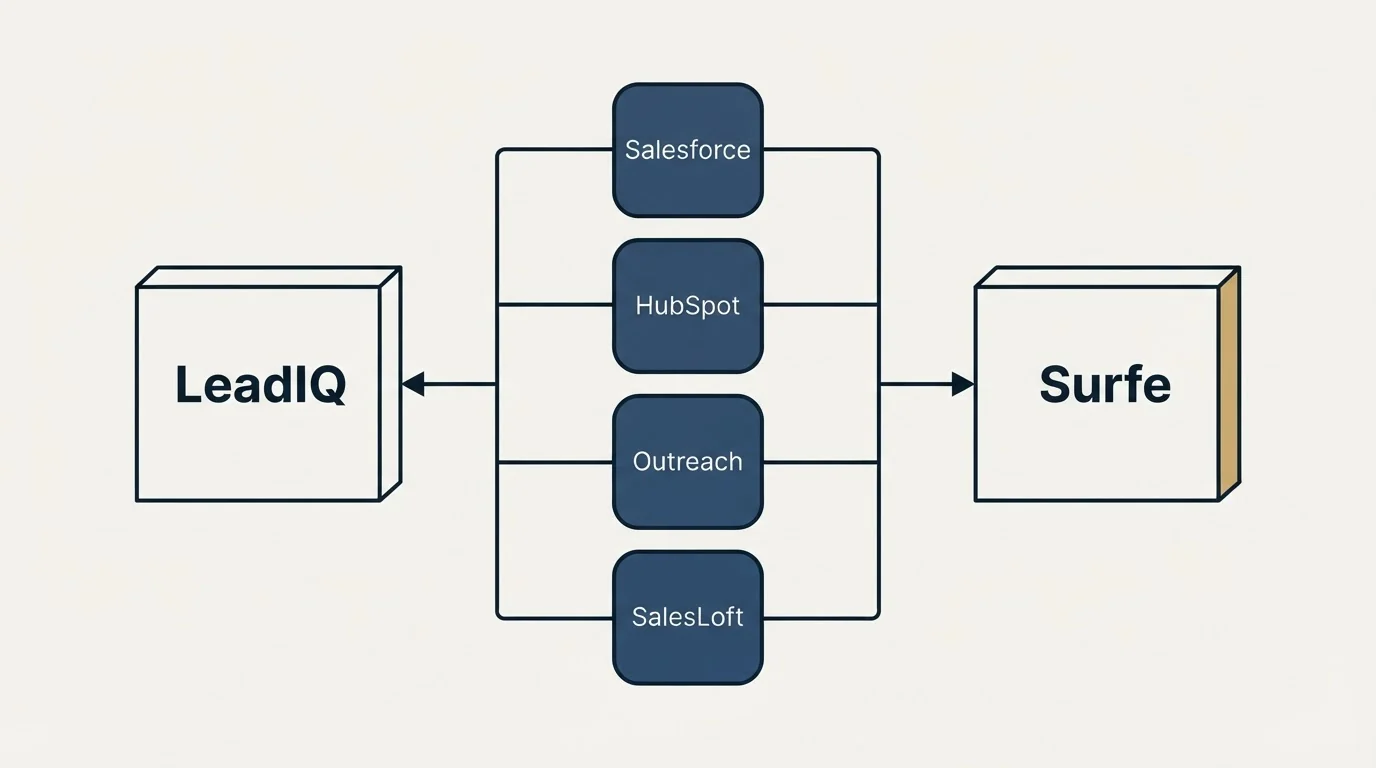 Integration flow: Integration Ecosystem (LeadIQ, Surfe, Salesforce, HubSpot)