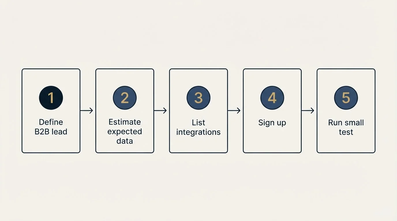 Step sequence: Getting Started Checklist (Define B2B lead, Estimate expected data, List integrations, Sign up)