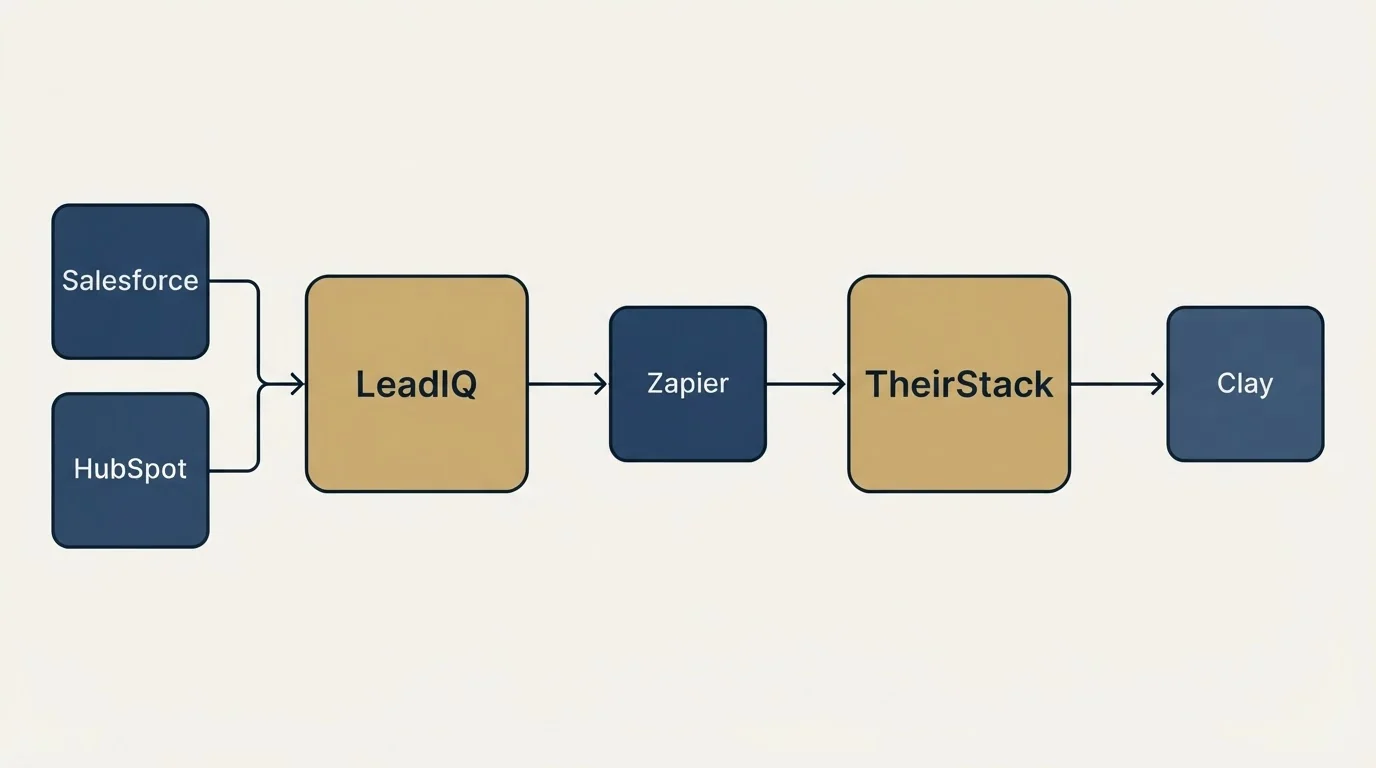 Integration flow: Integration Ecosystem (LeadIQ, TheirStack, Zapier, Salesforce)