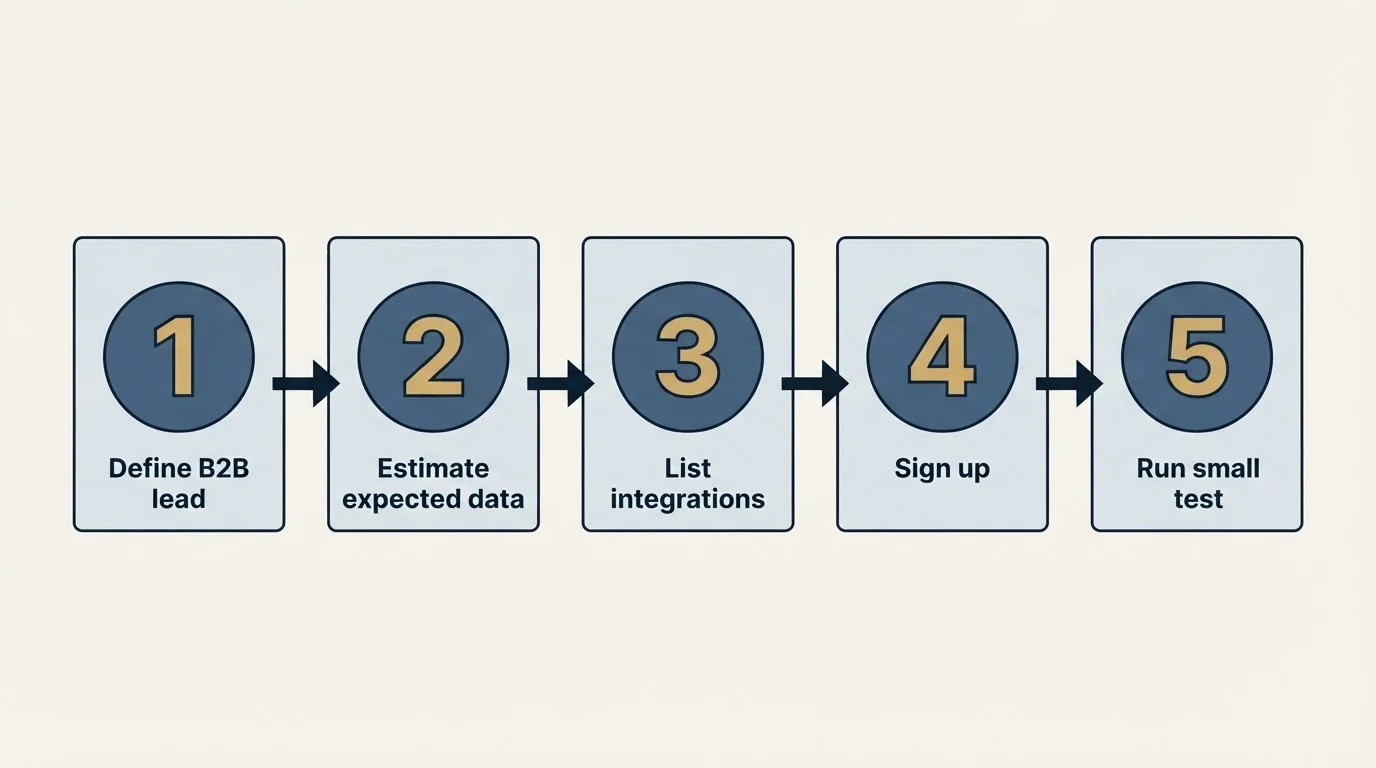 Step sequence: Getting Started Checklist (Define B2B lead, Estimate expected data, List integrations, Sign up)