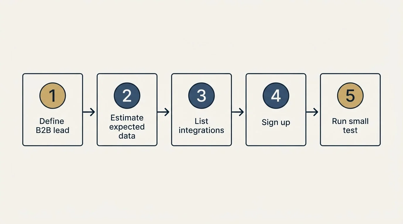 Step sequence: Getting Started Checklist (Define B2B lead, Estimate expected data, List integrations, Sign up)