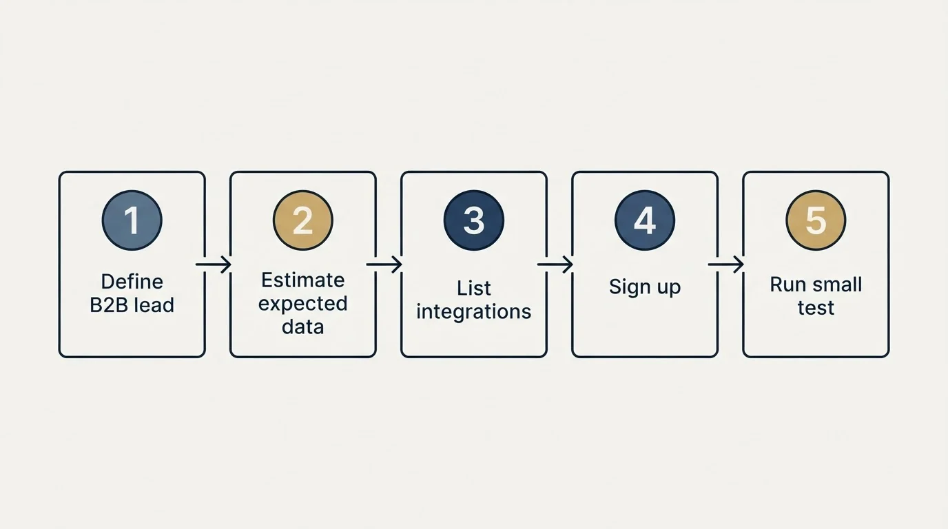 Step sequence: Getting Started Checklist (Define B2B lead, Estimate expected data, List integrations, Sign up)