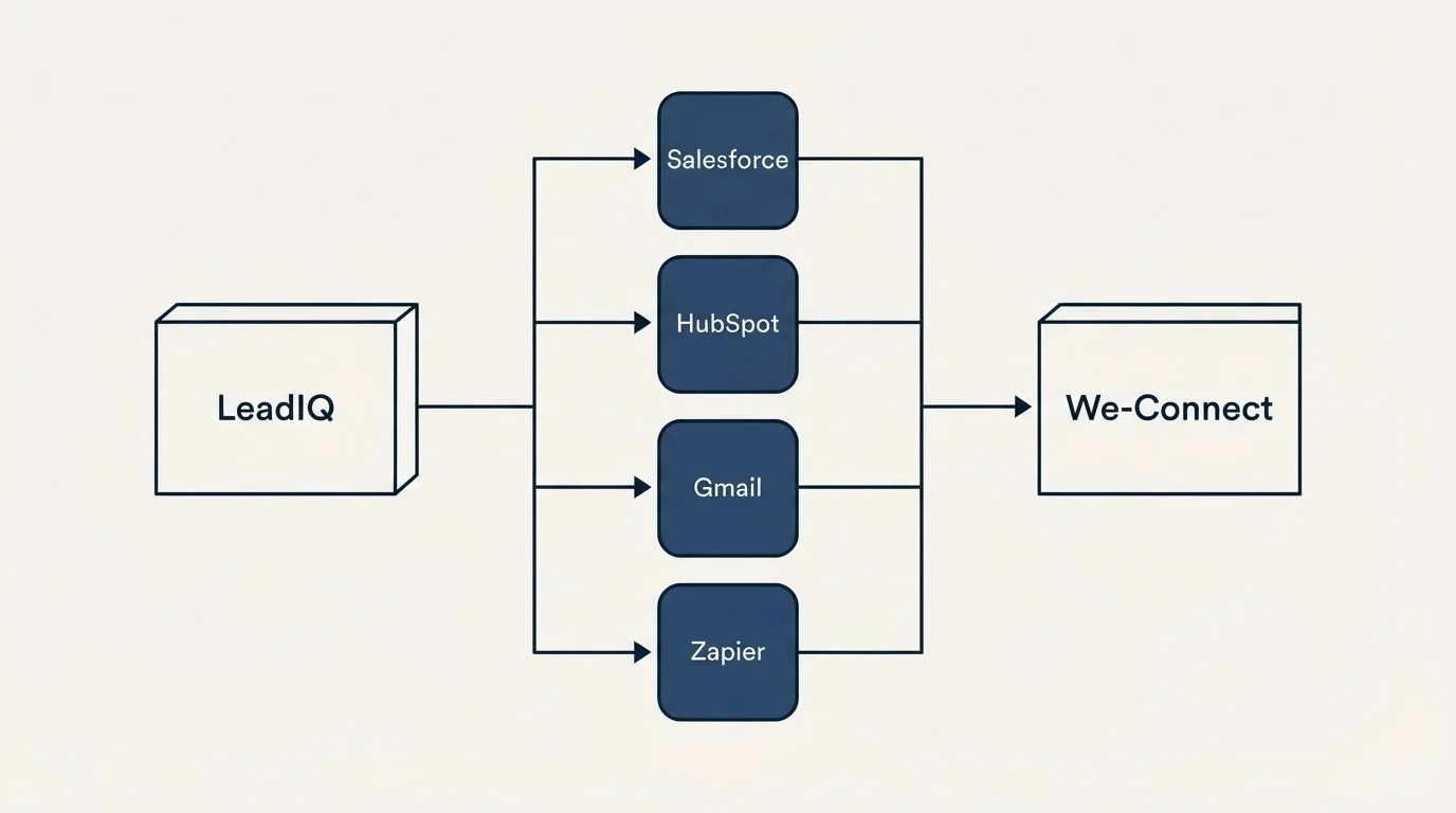 Integration flow: Integration Ecosystem (LeadIQ, We-Connect, Salesforce, HubSpot)