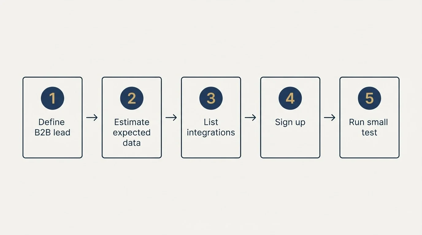 Step sequence: Getting Started Checklist (Define B2B lead, Estimate expected data, List integrations, Sign up)