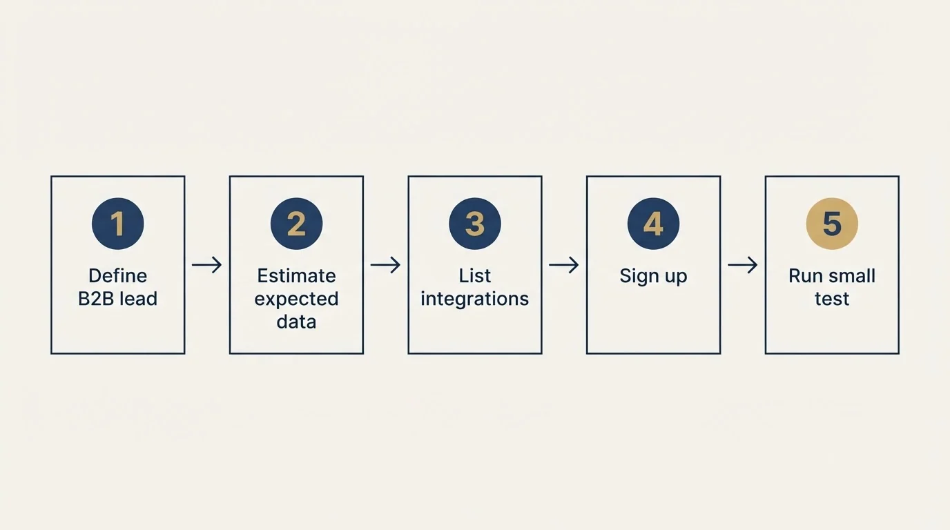 Step sequence: Getting Started Checklist (Define B2B lead, Estimate expected data, List integrations, Sign up)