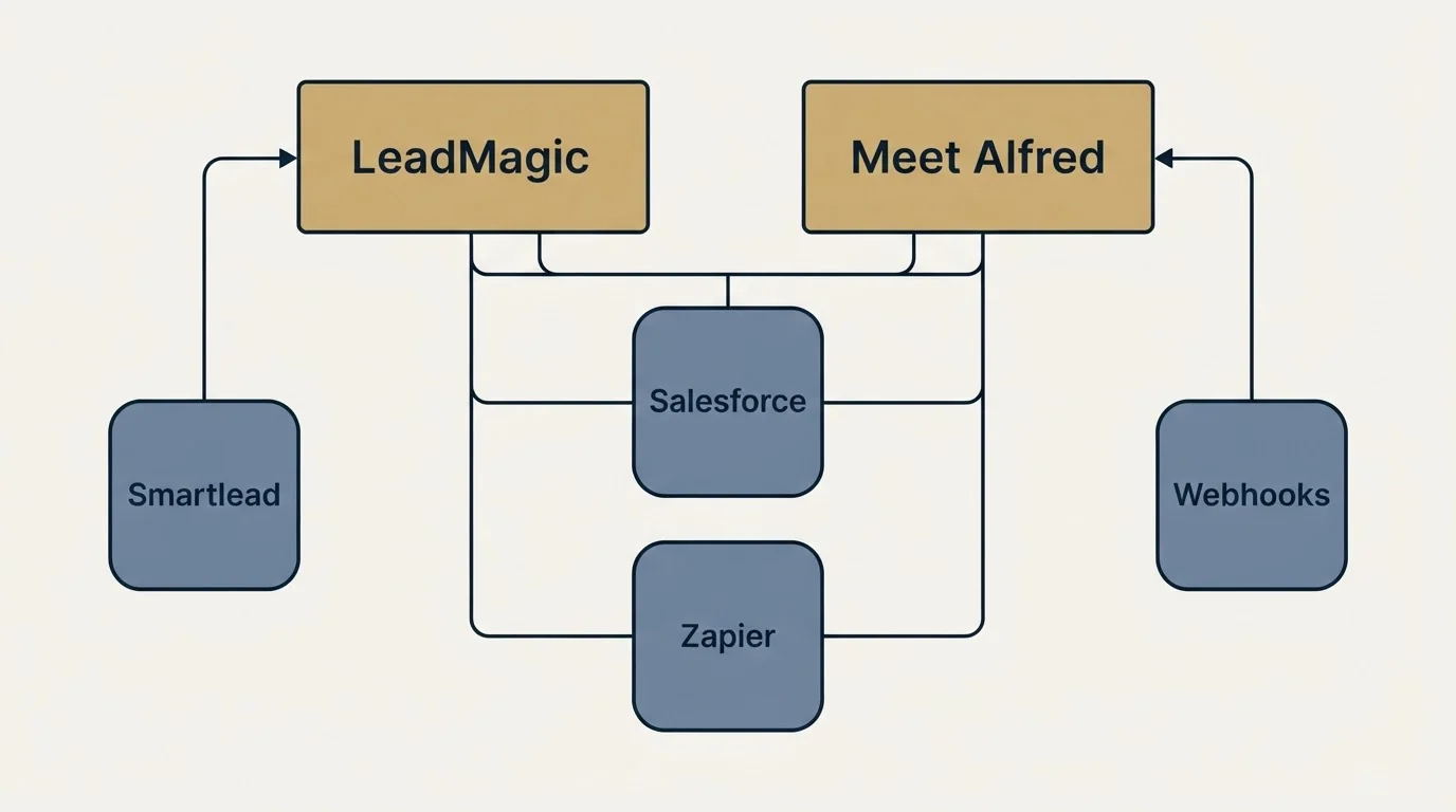 Integration grid: Integration Ecosystem (LeadMagic, Meet Alfred, Salesforce, Zapier)