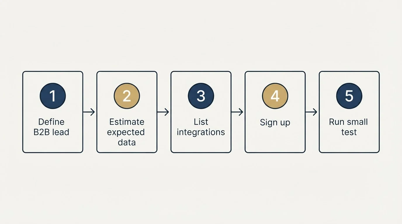 Step sequence: Getting Started Checklist (Define B2B lead, Estimate expected data, List integrations, Sign up)