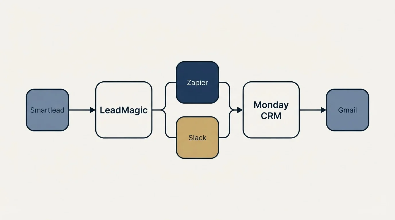 Integration schematic: Integration Ecosystem (LeadMagic, Monday CRM, Zapier, Slack)